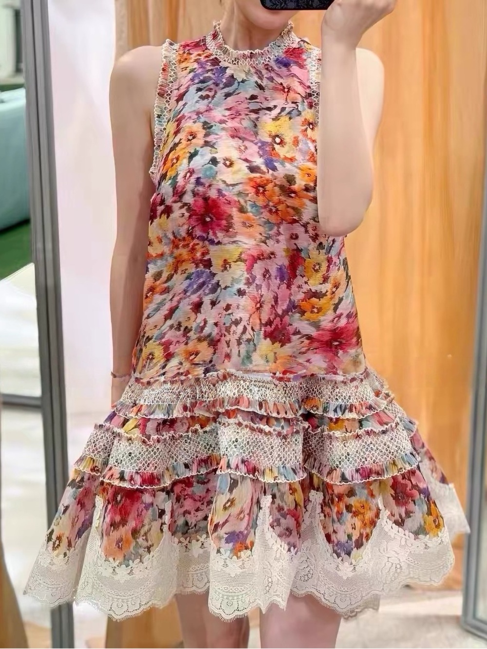Designer Tiered Lace Hem Sleeveless Dress - Multicolor